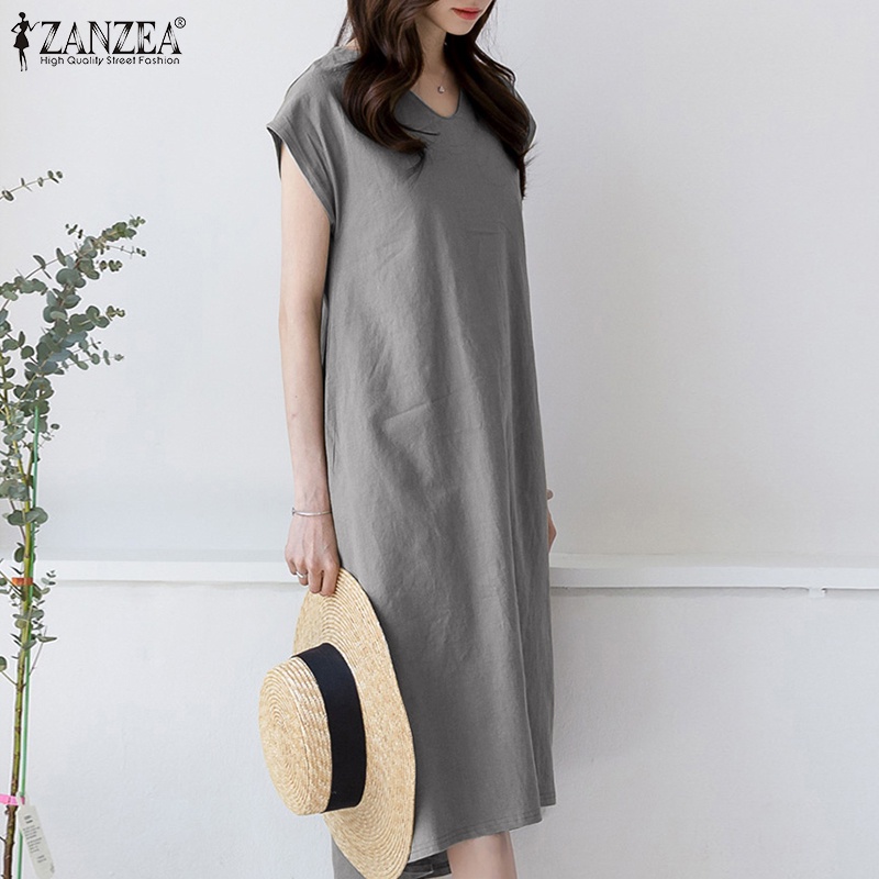 Đầm Zanzea ngắn tay cổ chữ v form rộng phong cách cổ điển thanh lịch dành cho nữ