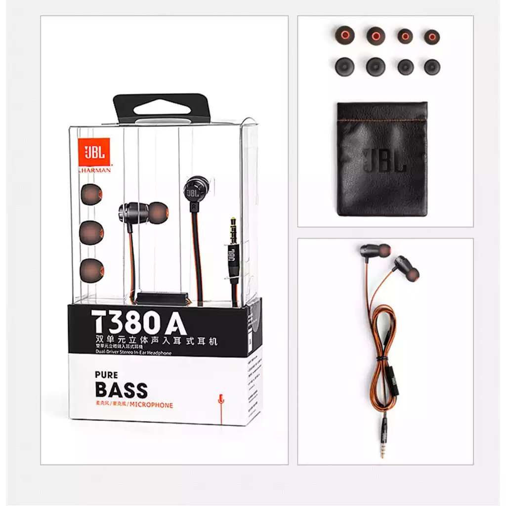 Tai nghe có dây nghe âm stereo JBL T380A kiểu nhét tai đầu cắm 3.5mm âm Hifi hỗ trợ cuộc gọi rảnh tay tích hợp Micro