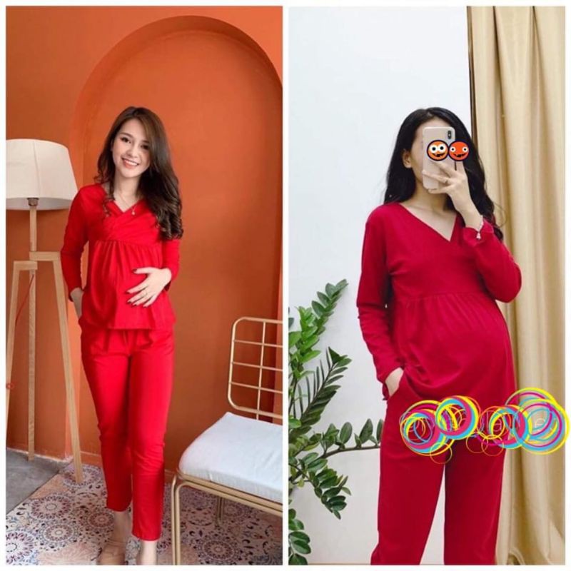 Bộ Bầu Và Sau Sinh Dài Tay Vạt Chéo, Chất Cotton Cao Cấp