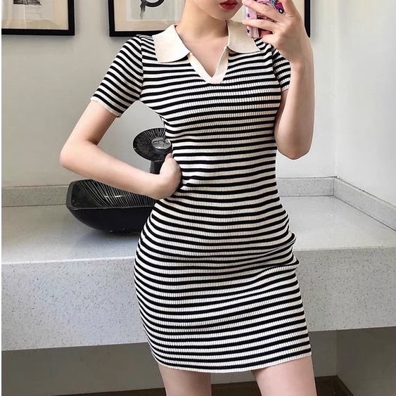 Váy body polo len nữ tay ngắn dáng ôm kiểu cổ bẻ dệt kim co dãn 4 chiều hàng Quảng Châu cao cấp