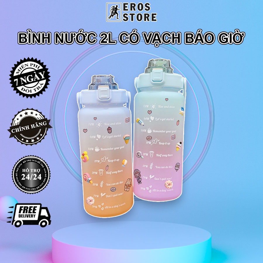 Bình Đựng Nước 2L Có Vạch Báo Giờ Uống Nước, Bình Đựng Dễ Thương Căn Lượng Nước Và Thời Gian Nhắc Uống Nước Eros
