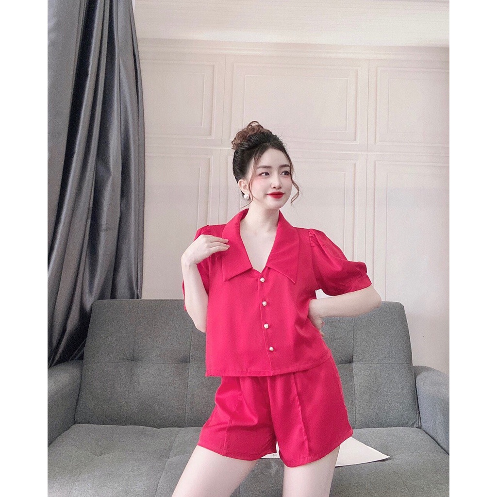Pijama nữ, đồ ngủ nữ mặc nhà kiểu pijama cổ cách điệu tay ngắn, chất lụa satin đẹp, ít nhăn phom rộng dưới 56kg | BigBuy360 - bigbuy360.vn