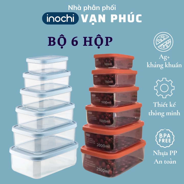Bộ 6 hộp nhựa inochi, chịu nhiệt độ trong lò vi sóng, hạn chế rò rỉ, kháng khuẩn khử mùi