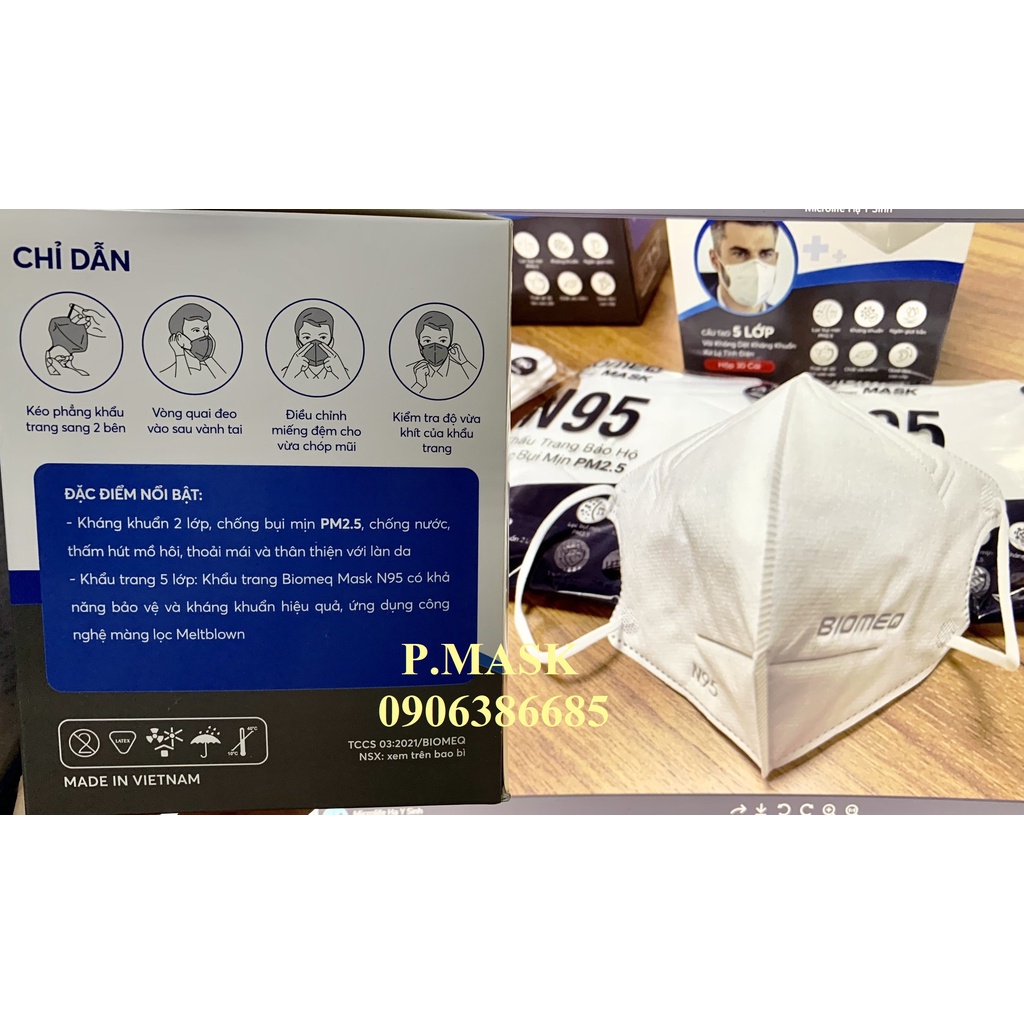 Khẩu trang N95 BIOMEQ 5 LỚP Kháng khuẩn 30 cái /hộp thiết kế 3D lọc bụi mịn PM2.5, Ngăn giọt bắn