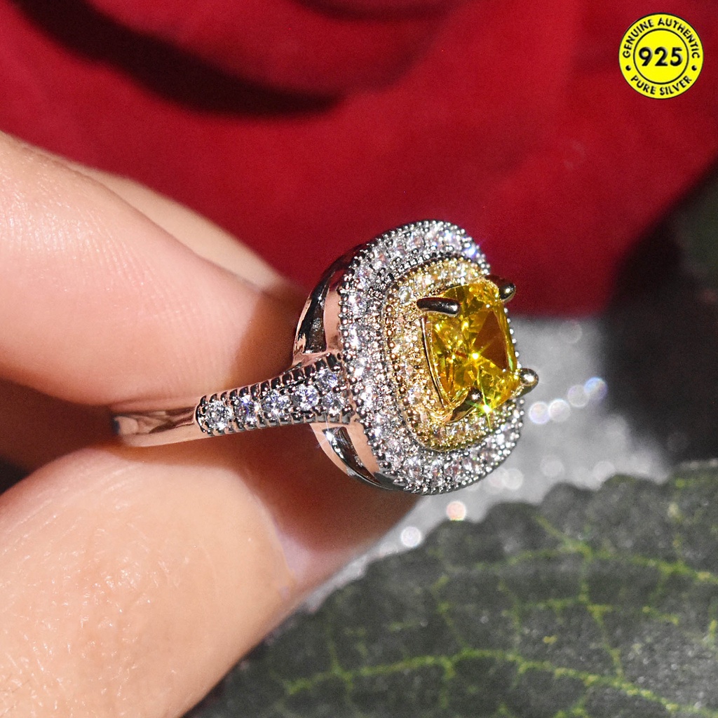 Nhẫn Mạ Bạc 925 Đính Kim Cương Nhân Tạo Vuông Sang Trọng Thời Trang