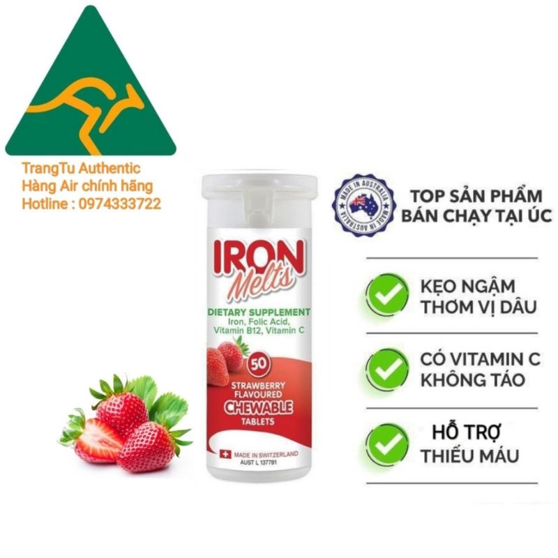 Viên sắt ngậm Iron Melts vị dâu 50 viên Úc