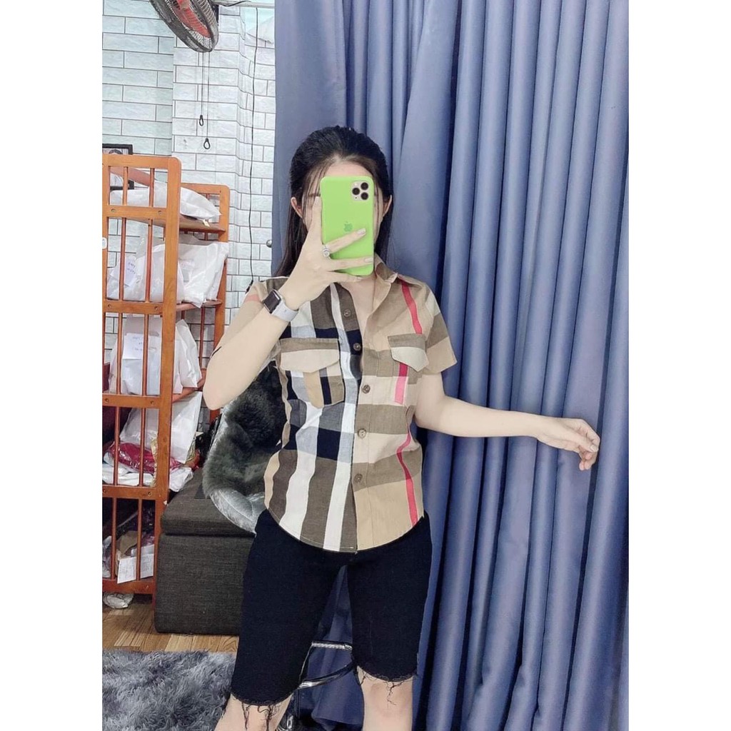 áo sơ mi họa tiết kẻ carro nâu b b r to siêu hot hit mẫu hot