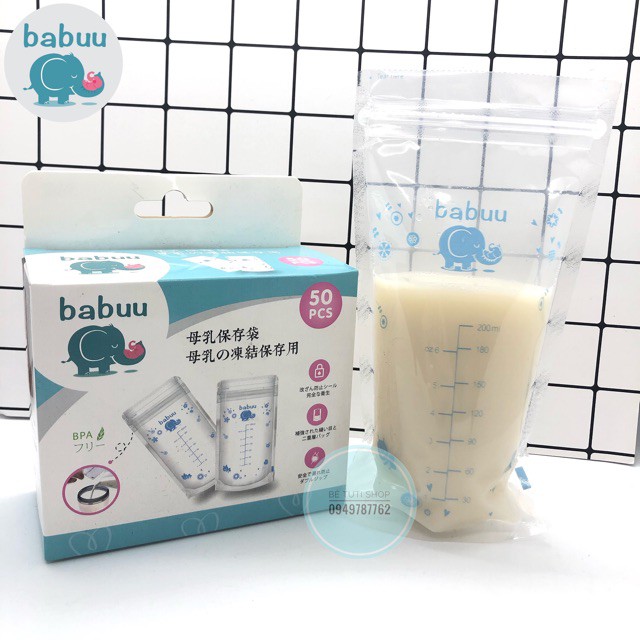 Túi trữ sữa Babuu Baby Nhật Bản hộp 50 chiếc dung tích tối đa 250ml - Tặng 01 bút ghi chú