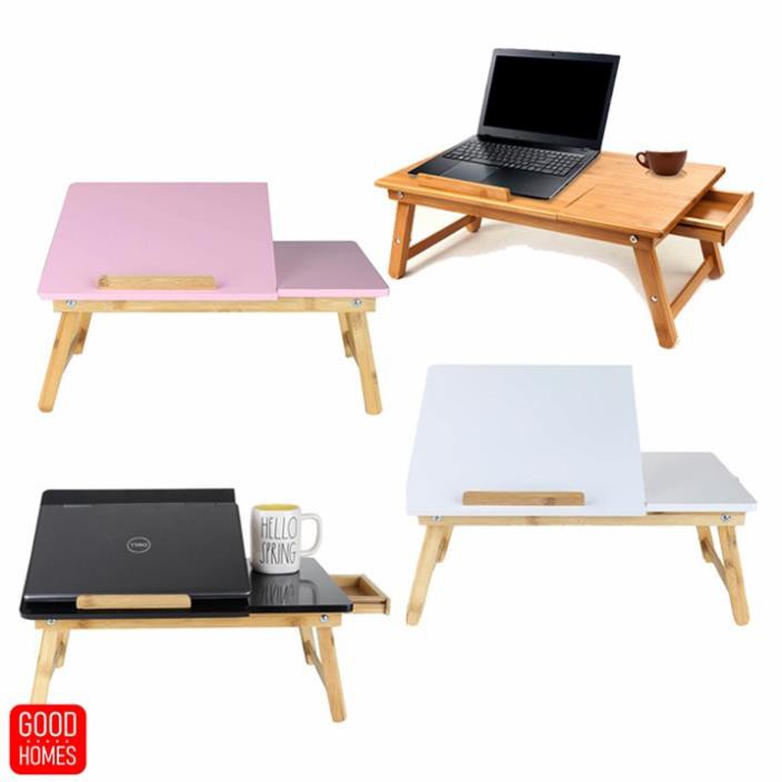 Bàn laptop gấp gọn đa năng gỗ tre - mặt bàn nghiêng 5 cấp độ, có ngăn kéo - BLT01 [Hồng - Trắng - Đen]