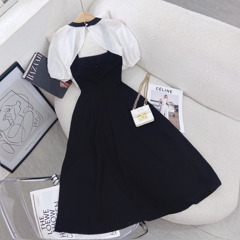 ĐẦM ĐEN PHỐI TAY VOAN CỔ TRẮNG CUTOUT LƯNG