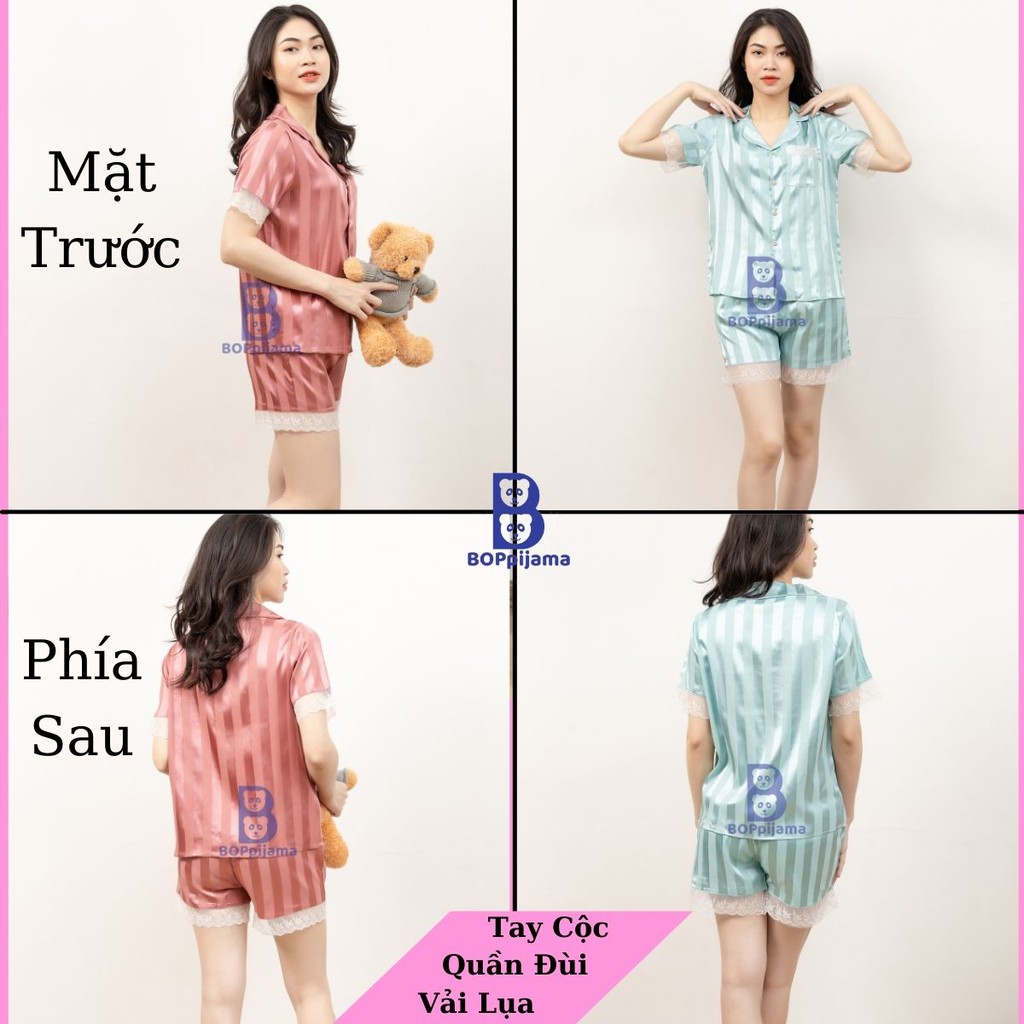 Đồ bộ ngủ cộc nữ pijama lụa gấm quần đùi có túi phối ren cao cấp- 09