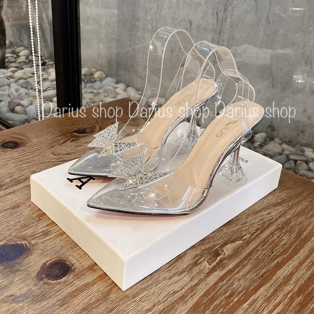 Giày cao gót mũi nhọn trong suốt đính đá nơ 9cm - BA78