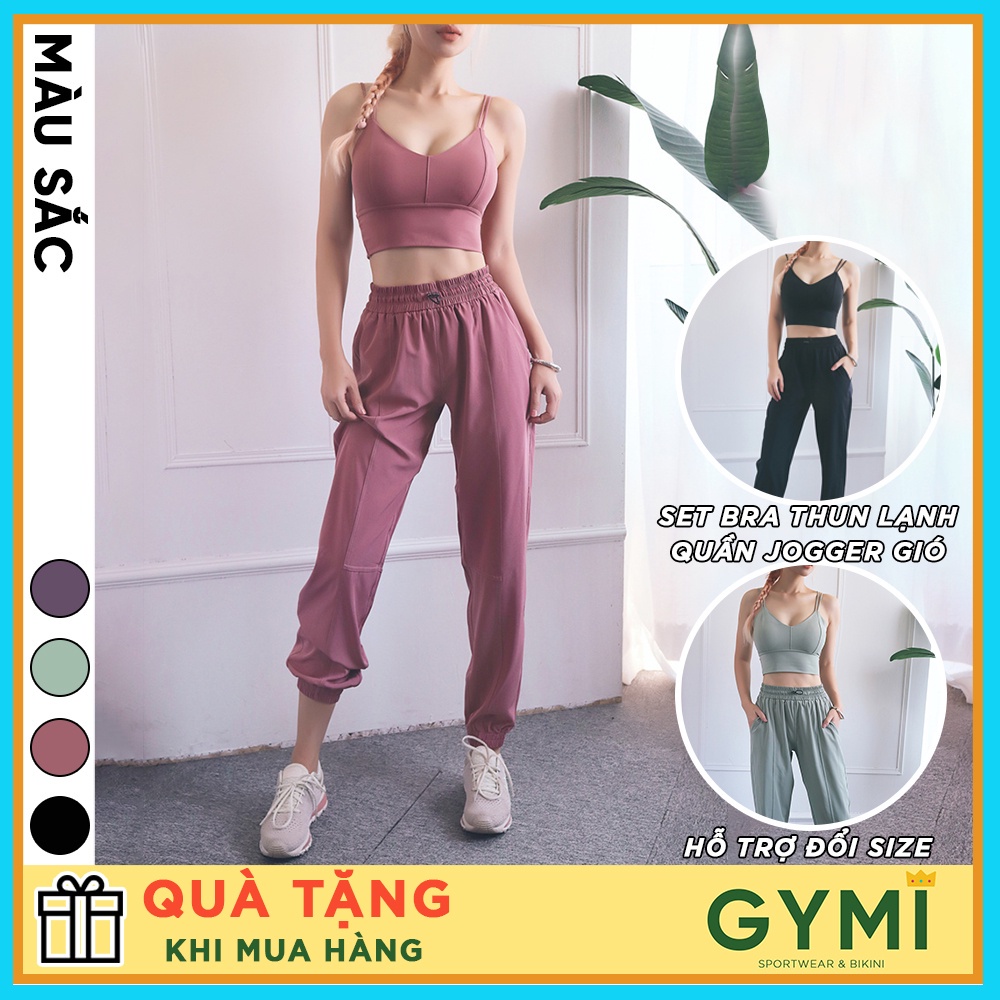 ❀♠Set bộ đồ tập gym yoga nữ GYMI SET14 gồm áo bra hai dây thun lạnh và quần jogger gió giấy thể thao