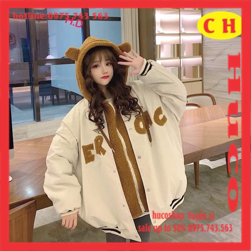 [ẢNH THẬT]ÁO KHOÁC KAKI LÓT LÔNG tai gấu dày dặn  chữ thêu AeR khoác bomber thu đông nam nữ unisex freesize mặc đôi nhóm