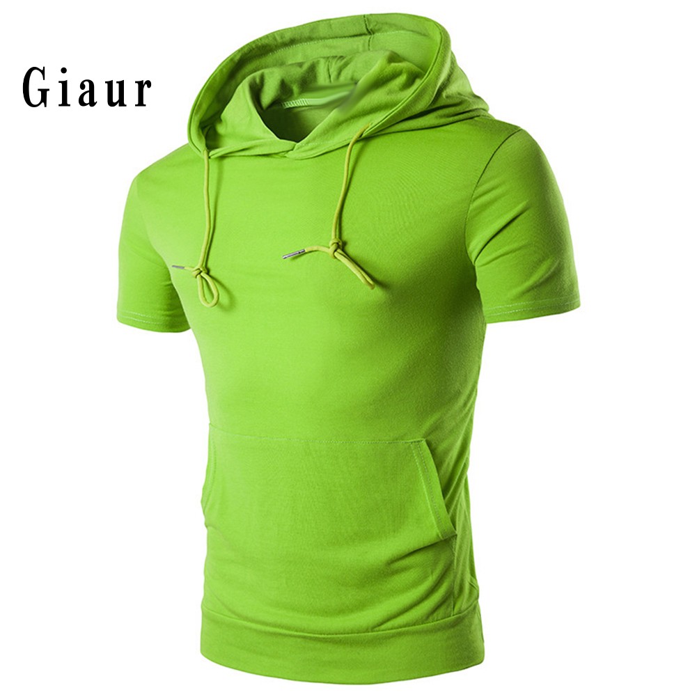 GIAUR  Sports Men Summer Solid Color Short Sleeve Hoodies Hooded Sweatshirt with Pocket