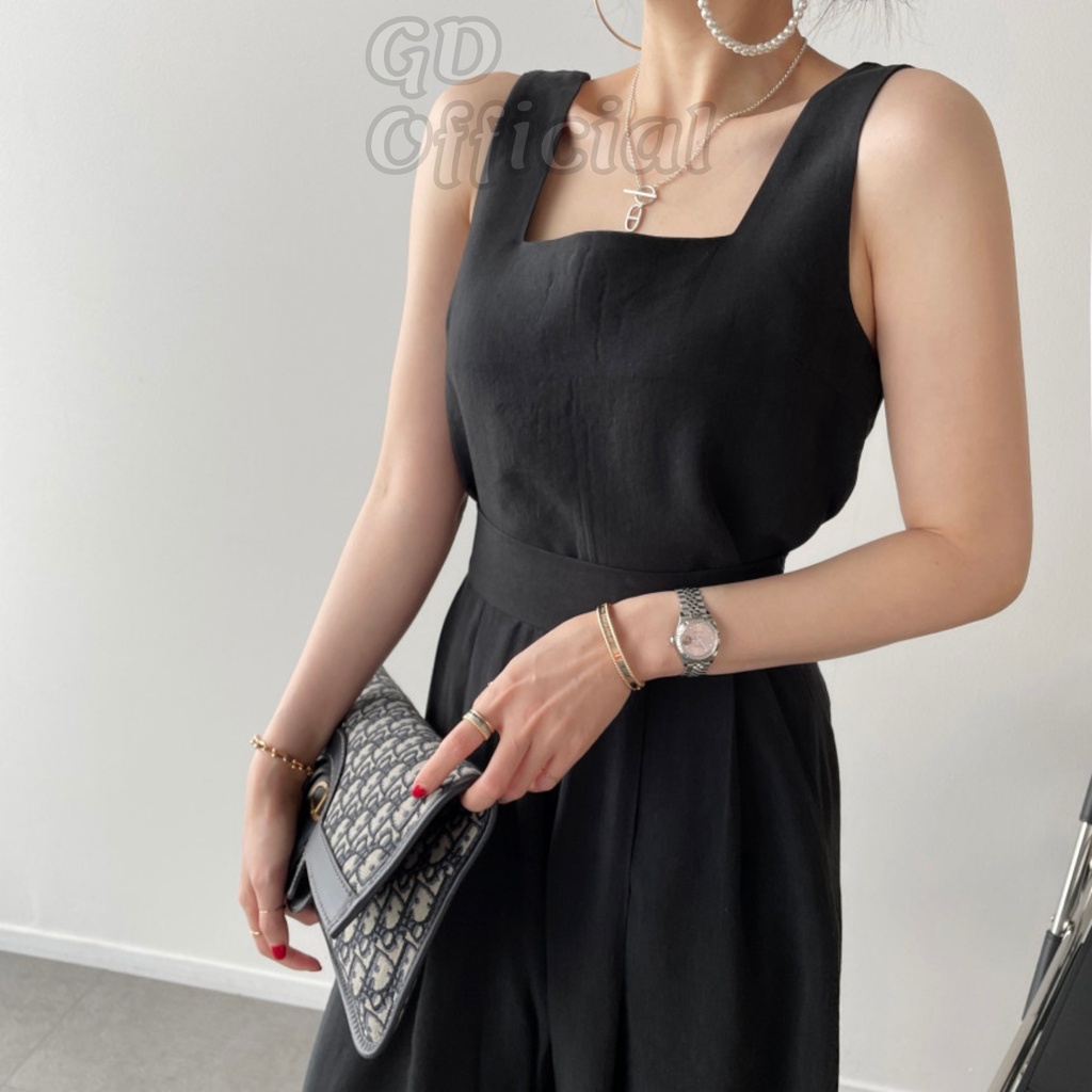 B88|Set bộ nữ cotton áo hai dây không tay cổ vuông, quần lưng cạp cao suông dài đơn giản be, xám, kaki, đen GD Official