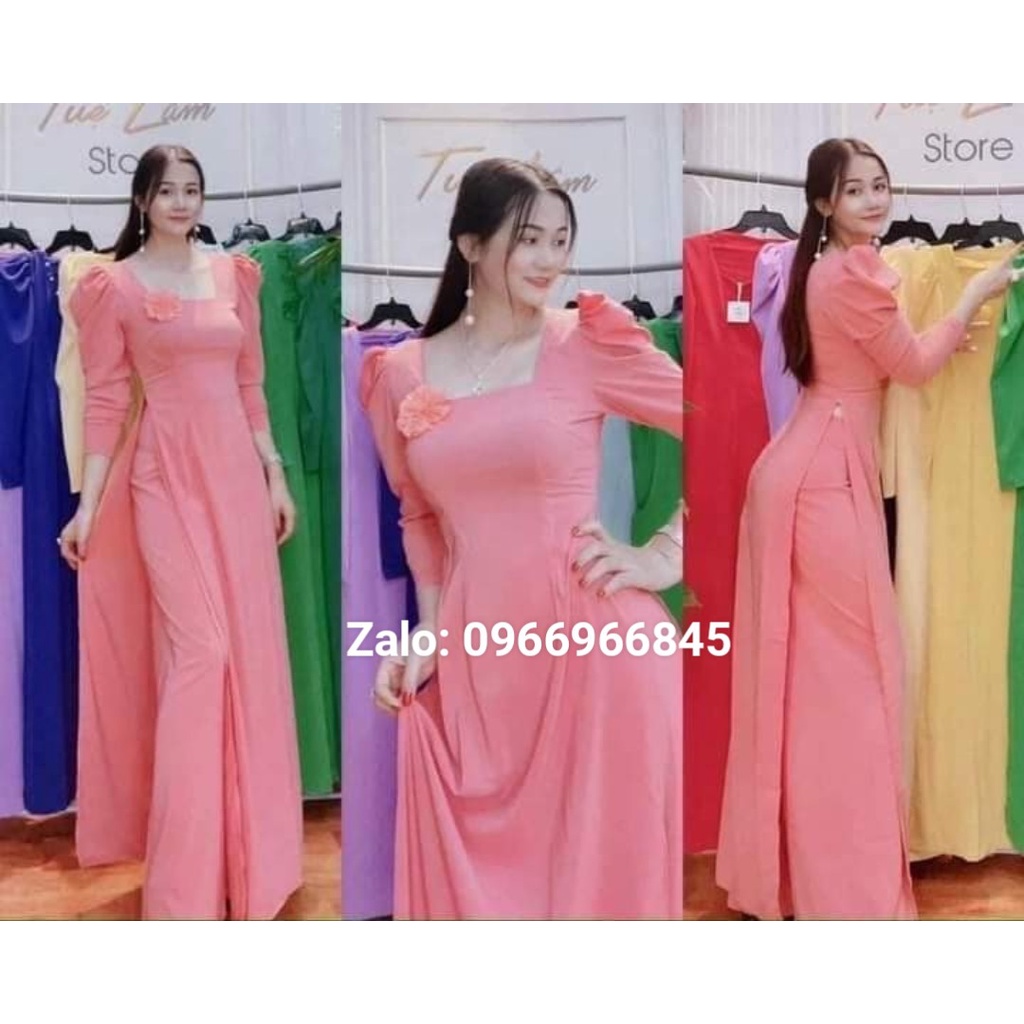 Áo dài trơn cổ vuông tay bồng đính hoa trên ngực trẻ trung - Áo Dài Đan Linh