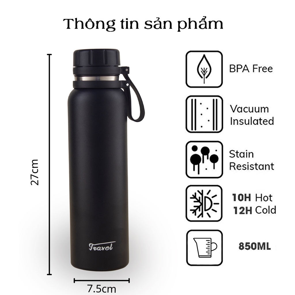 Bình nước giữ nhiệt TRAVEL 850ML giữ nóng lạnh lên đến 12H theo yêu cầu-5 màu