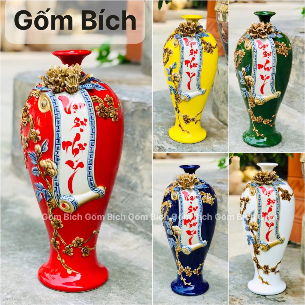 Mai Bình Tích Lộc Cuốn Thư Viết Chữ Vạn Sự Như Ý Đắp Nổi Cao 42cm Gốm Sứ Bát Tràng - Gốm Bích