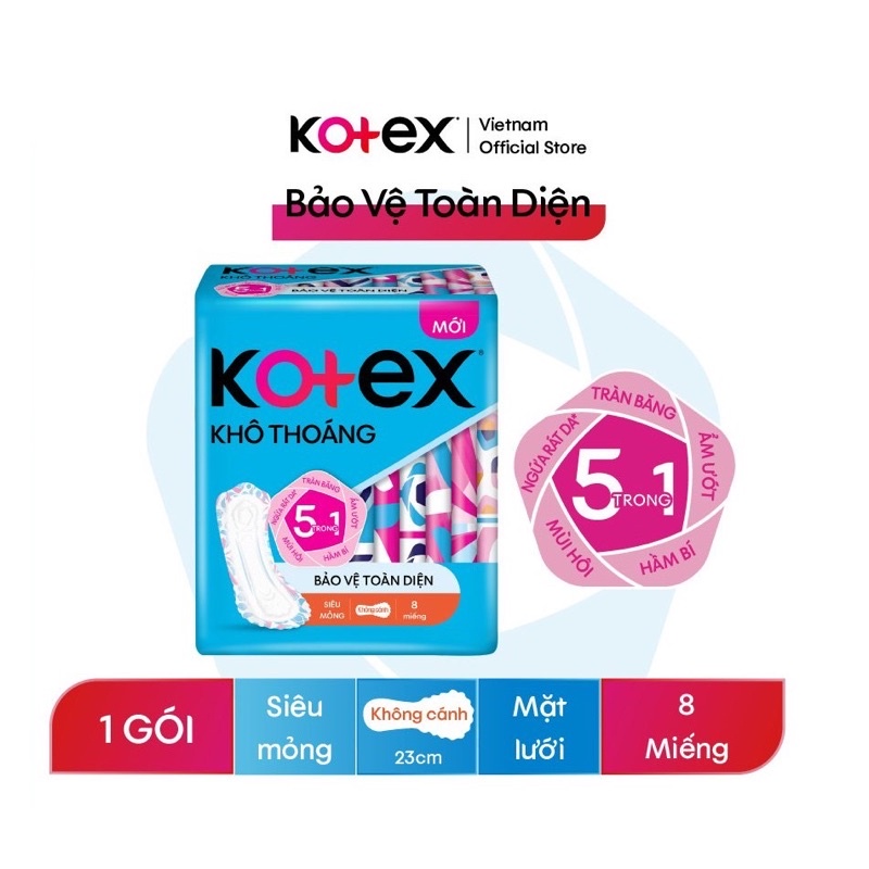 BĂNG VỆ SINH KOTEX MỎNG KHÔNG CÁNH MẶT LƯỚI 23cm (1 gói 8 miếng)