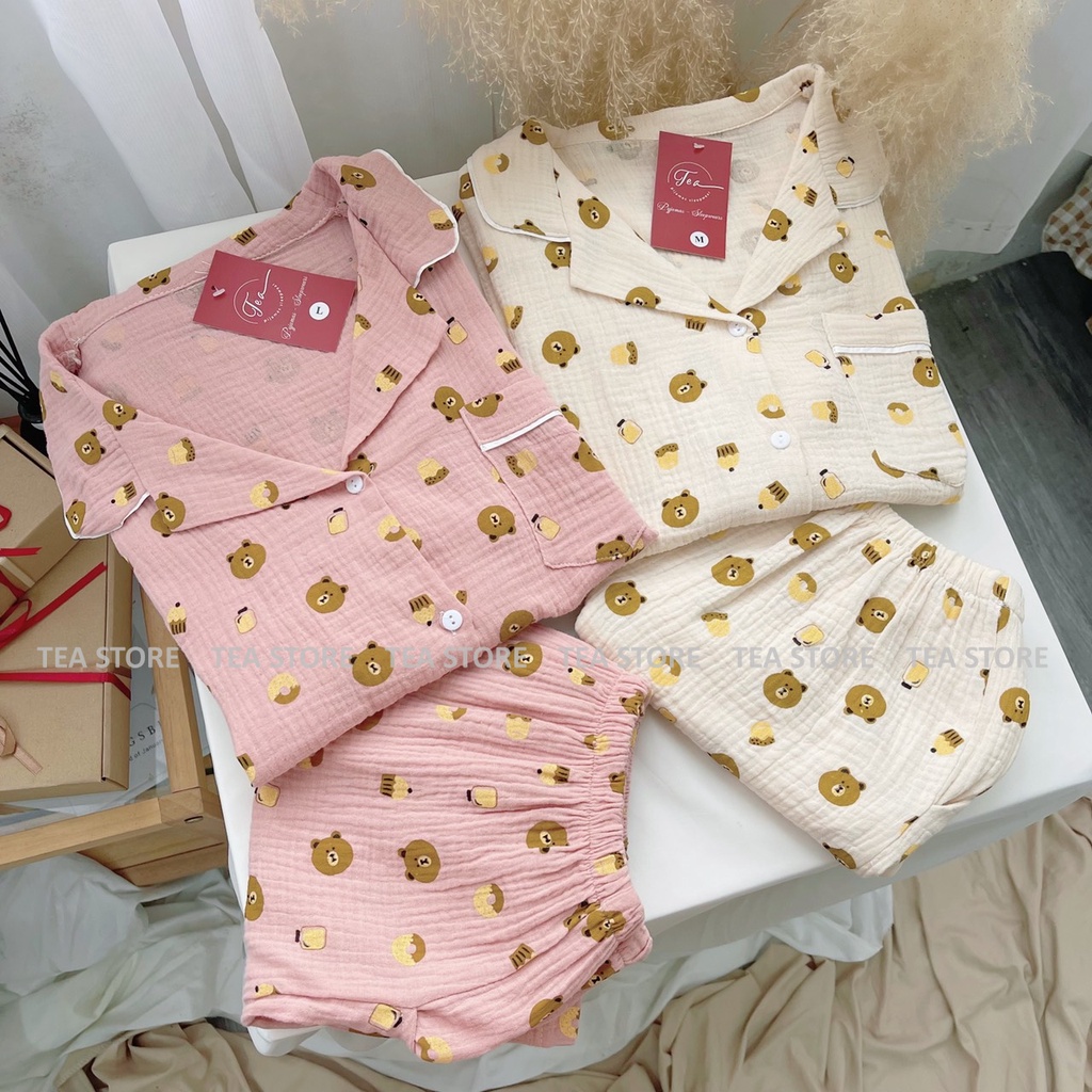 Bộ mặc nhà pyjama chất xô đũi Tea Store áo cộc họa tiết dễ thương  hi