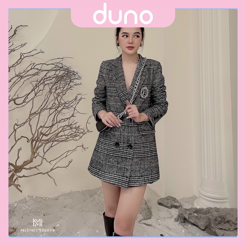 Áo khoác vest blazer dạ kẻ nữ đính huy hiệu Duno - AD07