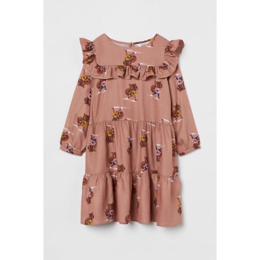 Váy dài tay, cổ bèo điệu hoạ tiết thú xinh xắn săn sale Us/ Uk sẵn sz 4-5y