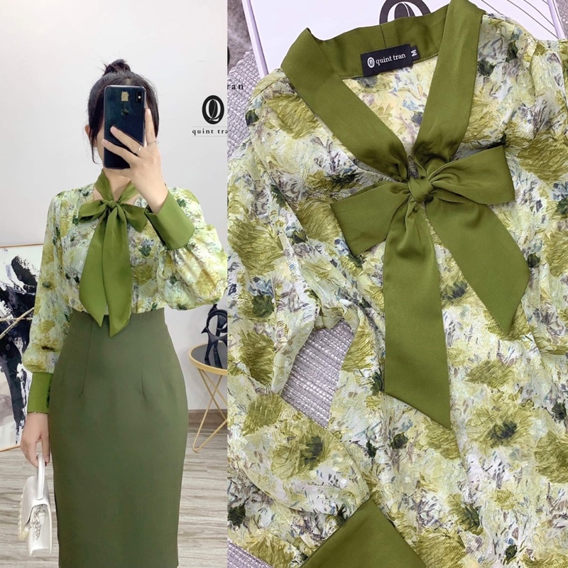 Áo sơ mi thắt nơ xanh lá