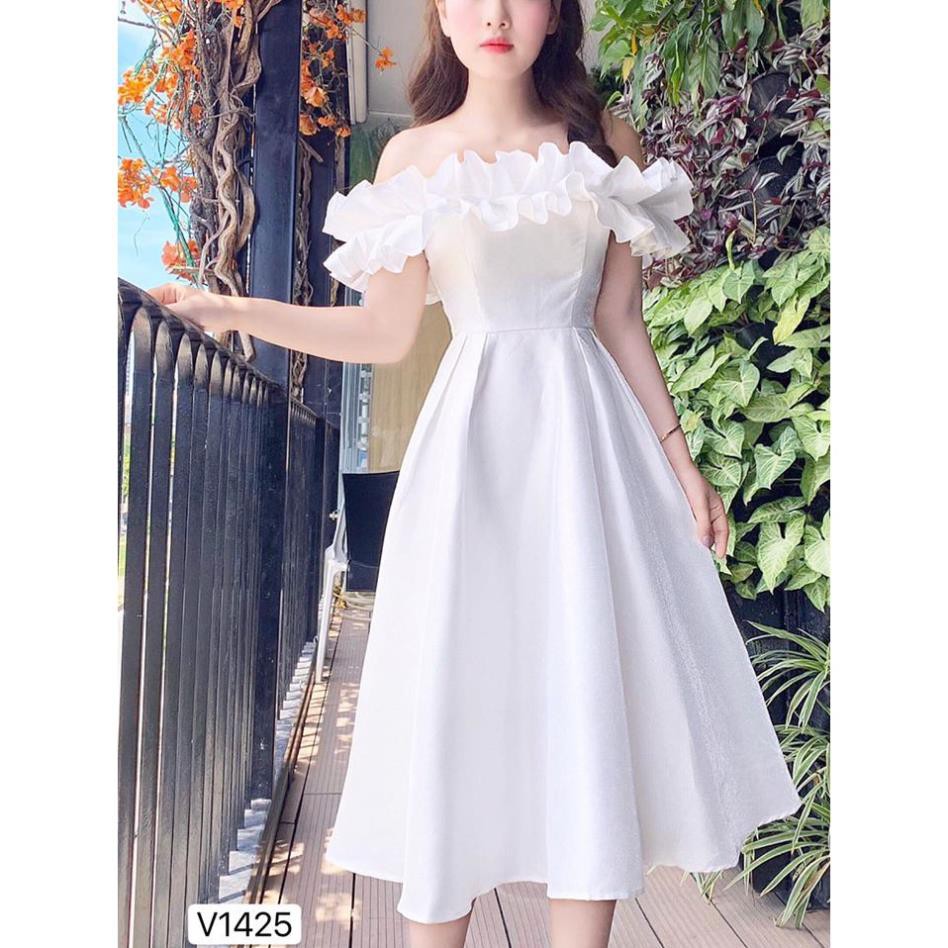 Váy dự tiệc trắng xòe trễ vai V1425 - Đầm đi ăn cưới xinh 🎖️