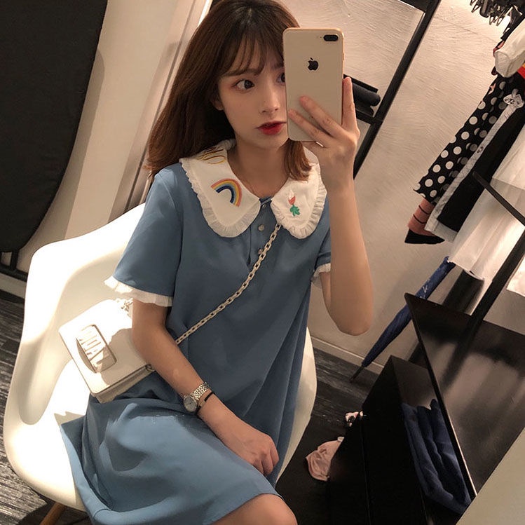 Mới Đầm polo dáng rộng màu xanh dương tươi mới mùa hè cho học sinh