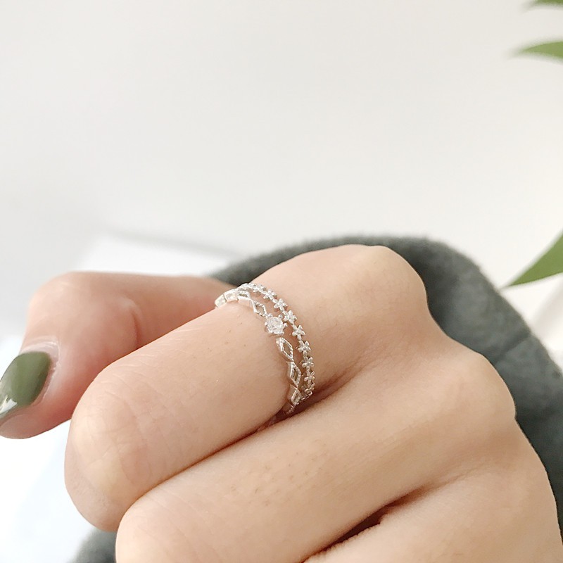 Nhẫn Bạc 2 tầng cao cấp, Nhẫn nữ bạc gắn đá 2 tầng TUNA SILVER Trang sức bạc cao cấp