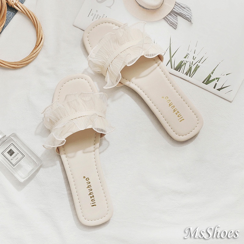 Dép Sandal Đế Bằng Phối Ren Phong Cách Hàn Quốc Dễ Phối Đồ Cho Nữ