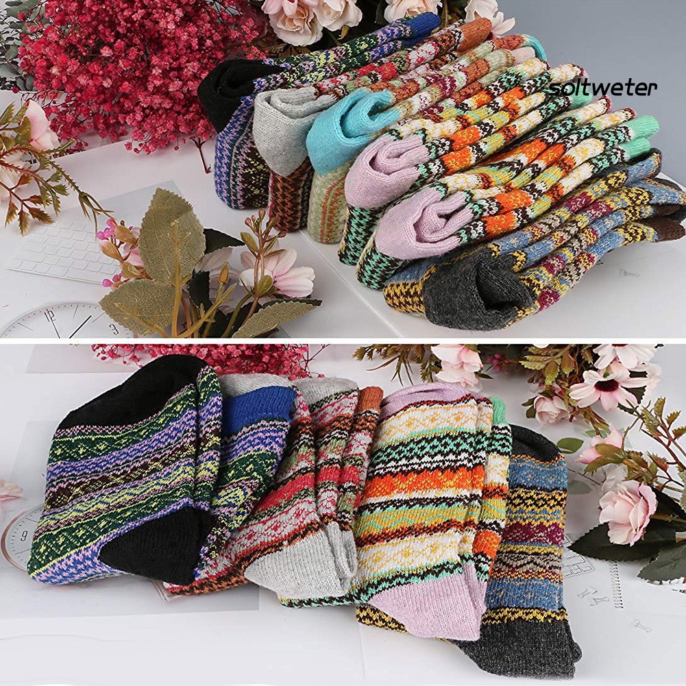 Set 6 Đôi Vớ Len Dày Họa Tiết Sọc Thời Trang Cho Nữ