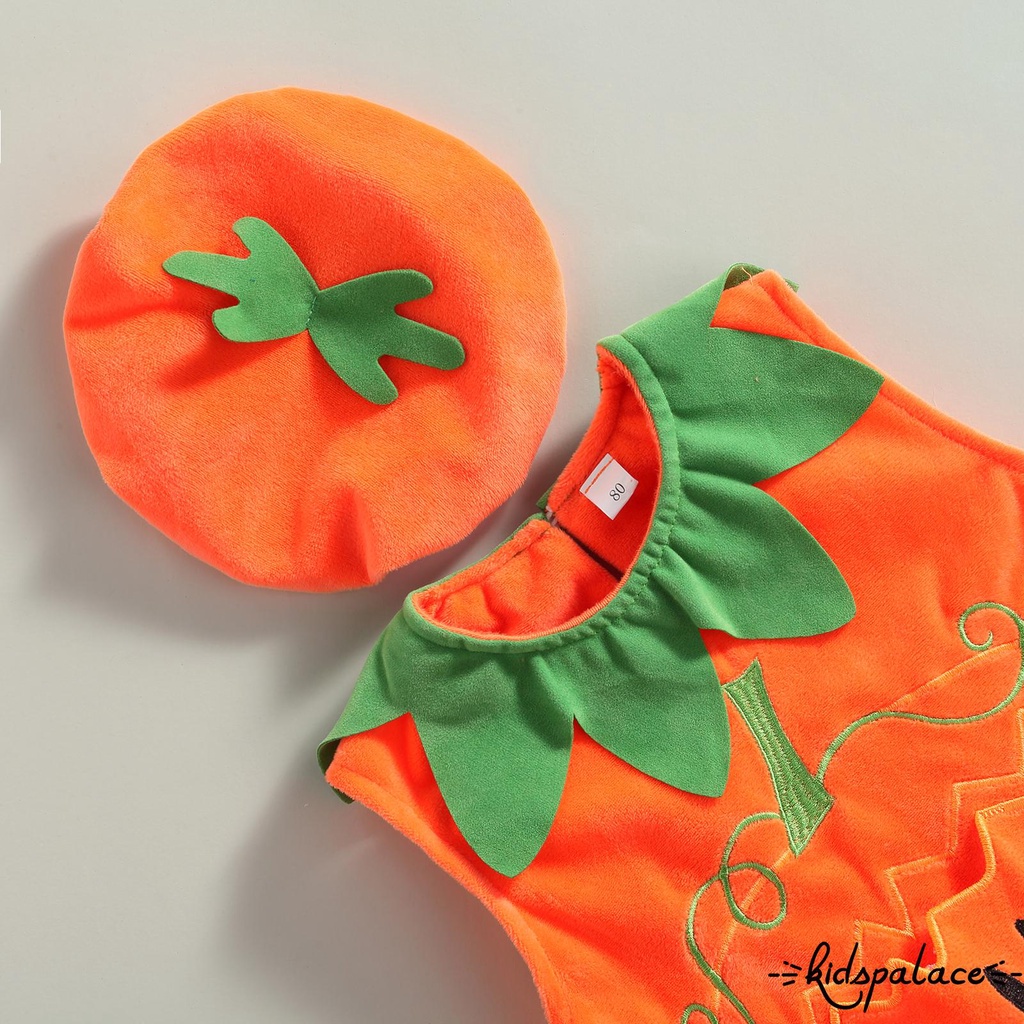 Set áo không tay thêu hình quả bí đỏ và quần dài phong cách Halloween cho bé