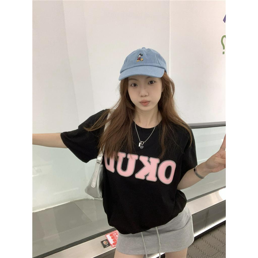 「 WELOVE1 」Áo Thun Nữ Ngắn Tay Cổ Tròn Thêu Chữ Nhiều Màu Sắc Phong Cách Hàn Quốc