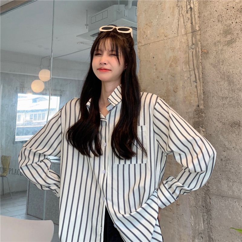 SUXI Áo Sơ Mi Nữ Dài Tay Họa Tiết Sọc Dọc Thời Trang