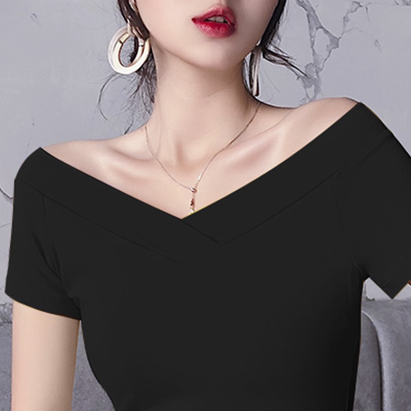 Áo thun cổ tim nữ có thể kéo xuống mặc trễ vai thiết kế tay ngắn chất vải cotton co giãn ôm dáng body nhiều màu sắc