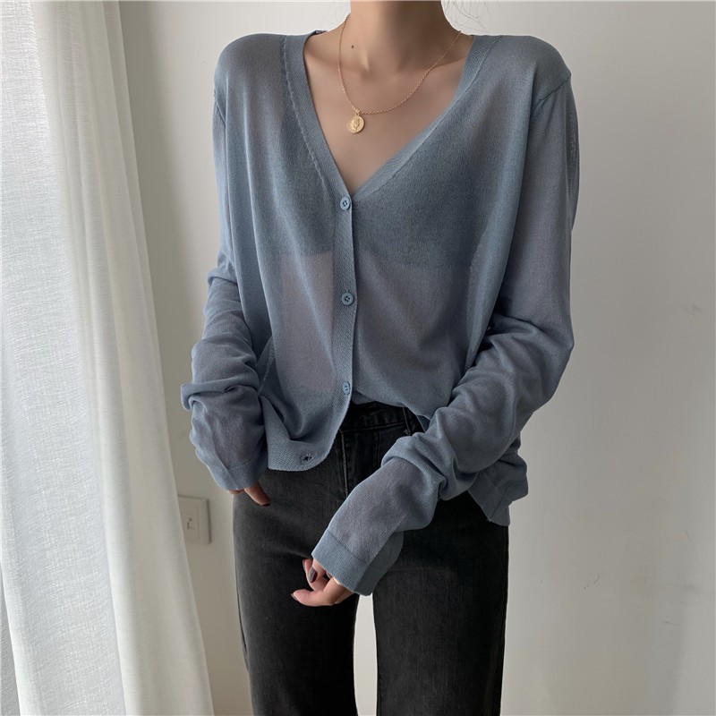 (Order) Áo len dệt kim áo khoác cardigan dáng dài mỏng mùa hè