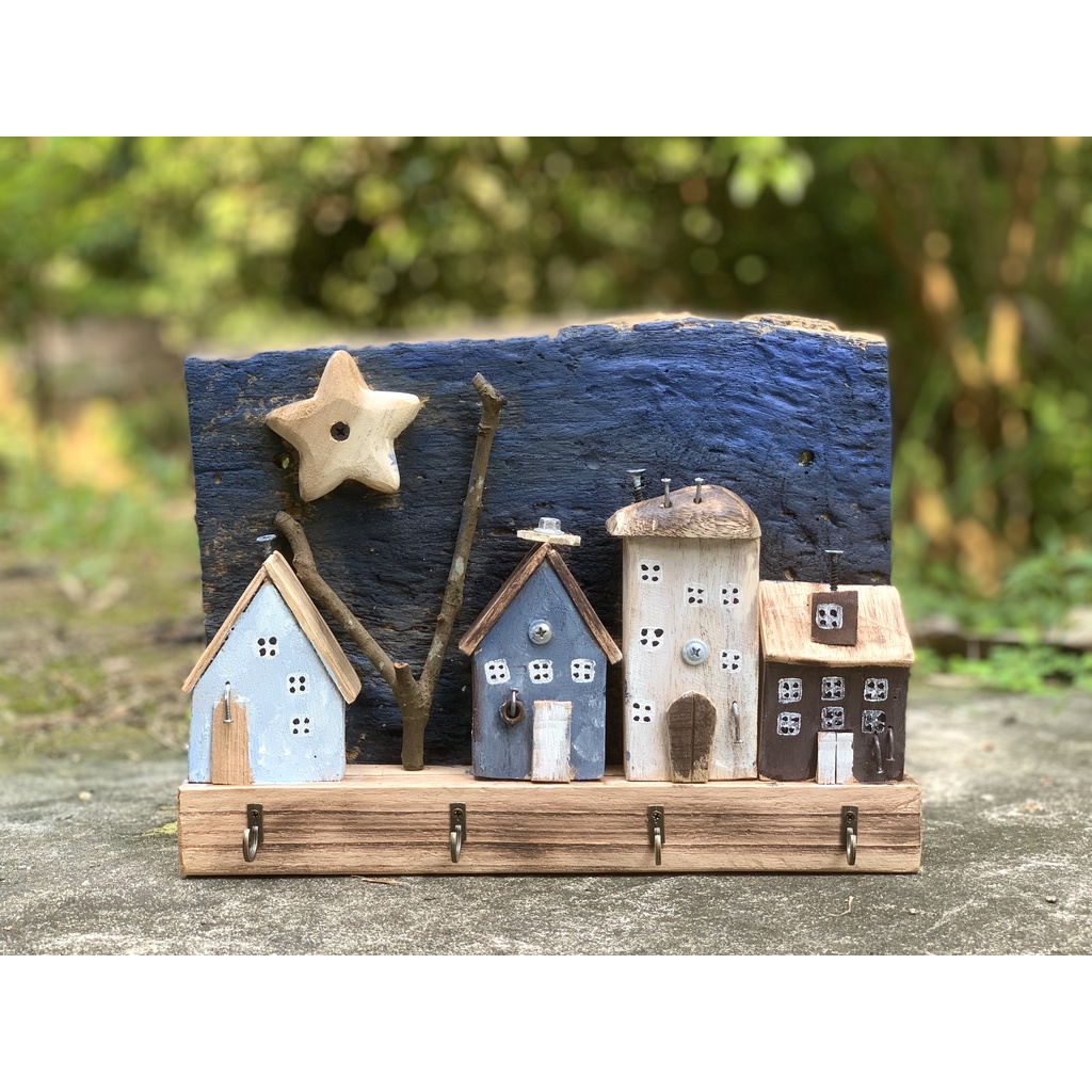 kệ gỗ decor, móc treo tường gỗ, móc treo chìa khóa, kệ treo tường hình ngôi nhà gỗ phong cách rustic(giá thanh lý)