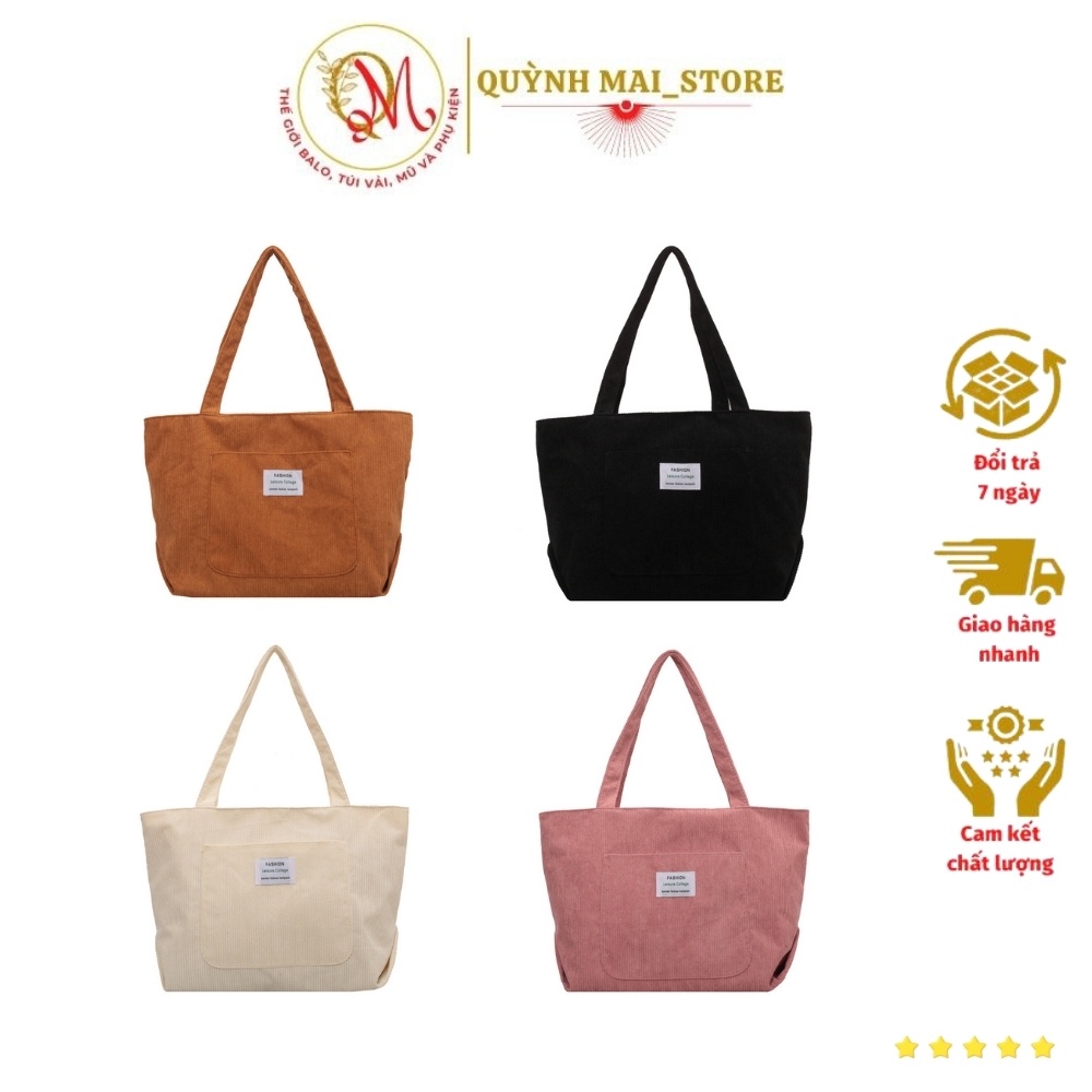 Túi tote đeo vai vải nhung tăm Unisex đi học, đi chơi có khóa miệng