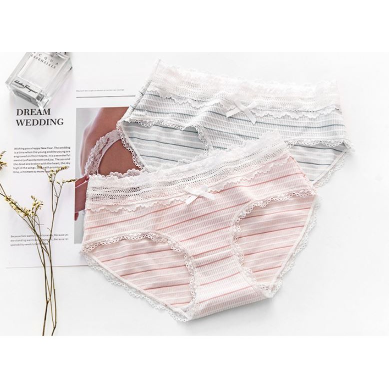 Quần Lót Cotton Mềm Sọc Ngang Phối Ren Phong Cách Nhật Bản P306