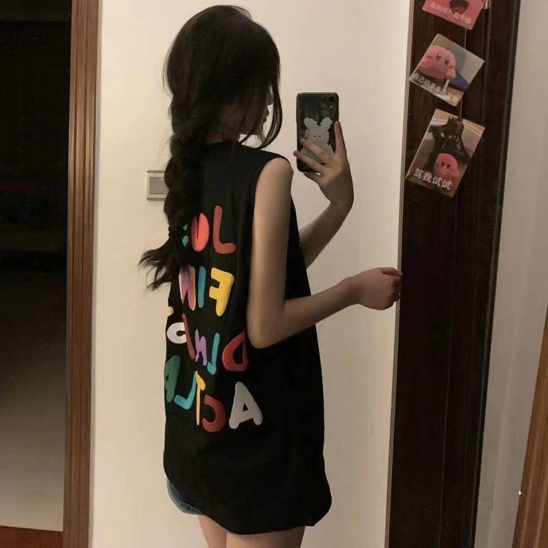 Áo thun in hoạ tiết chữ cái cầu vồng màu đen thời trang mùa hè cho nữ