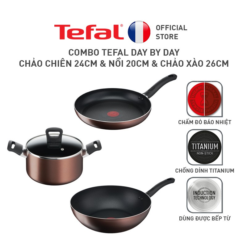 Combo Tefal Day By Day Chảo chiên 24cm &amp; Nồi 20cm &amp; Chảo xào 26cm