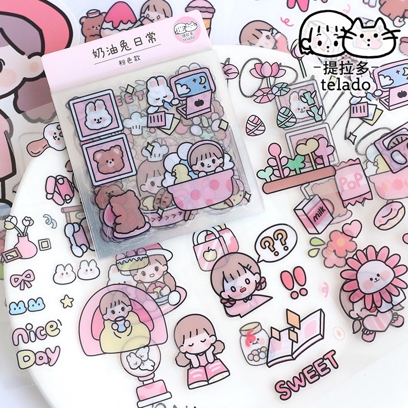 🌸Set 20 tấm sticker telado cô gái và bé thỏ hoạ tiết dễ thương🌸