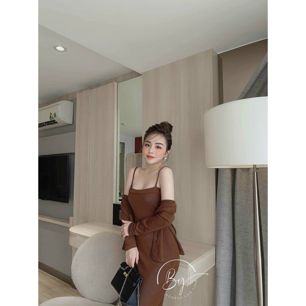Set Váy Len, Váy 2 Dây Body Kèm Áo Cardige Chất Đẹp, Hàng Cao Cấp, Form Dáng Chuẩn Nhẹ Nhàng Đơn Giản