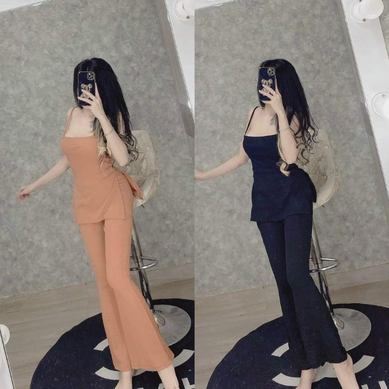 Set quần ống loe áo dây xẻ tà