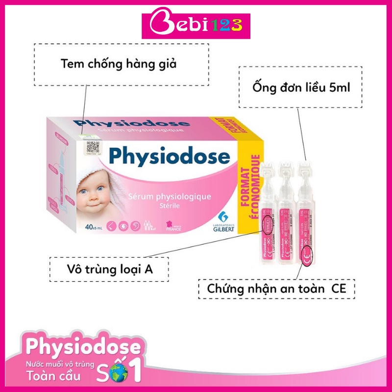 (Chính hãng) Nước muối vô trùng, nước muối sinh lý Physiodose (hộp 40 ống) vệ sinh cho bé mỗi ngày