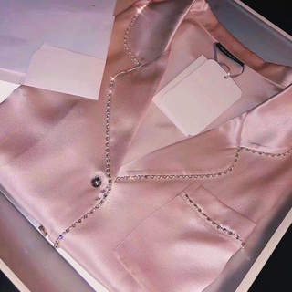 Bộ pyjama lụa satin đính đá dài tay p1045