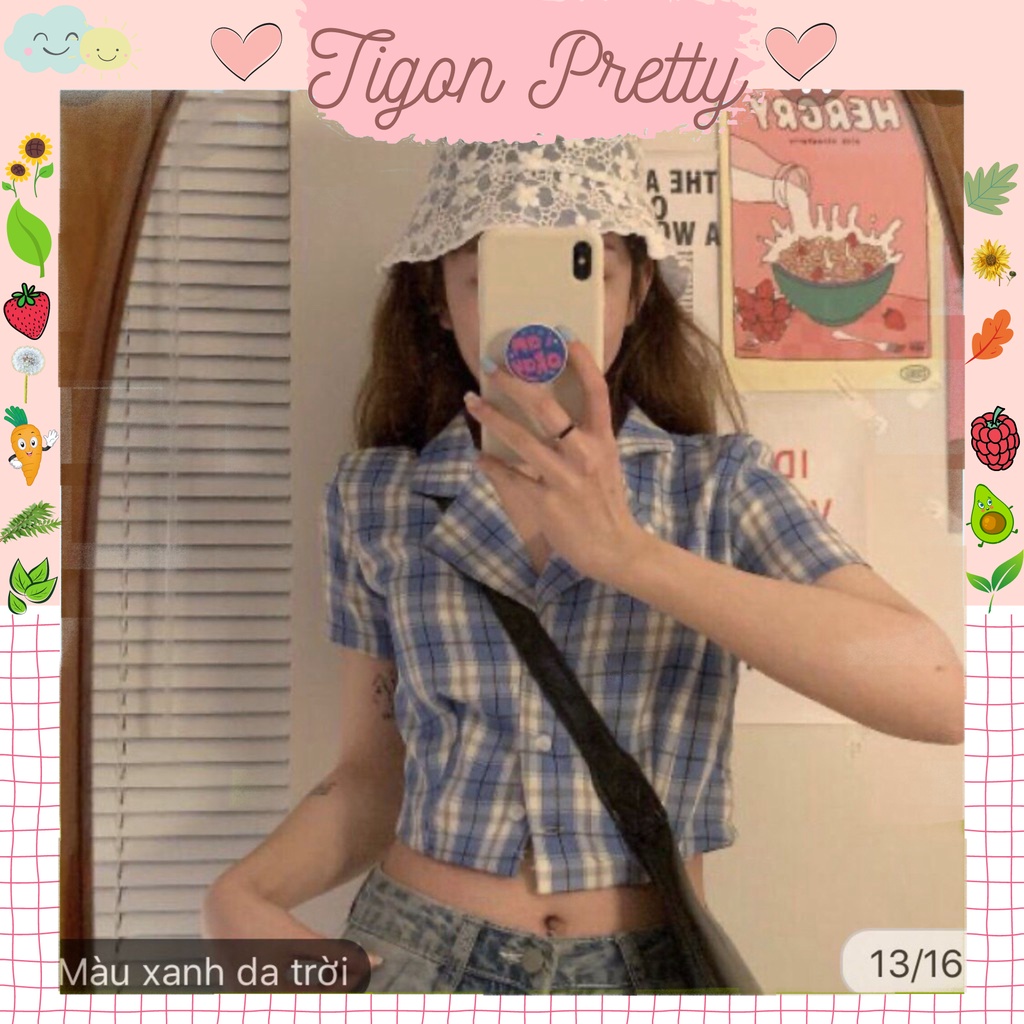 Áo Sơ Mi Croptop Tay Ngắn Kẻ Caro Chất Thô MềmÁo Croptop Cổ Vest Kẻ Caro