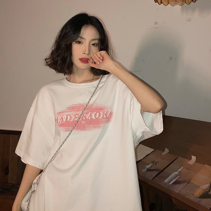 SUXI Áo Thun Ngắn Tay Cổ Tròn Dáng Rộng In Chữ Đơn Giản Thời Trang Mùa Hè Cho Nữ